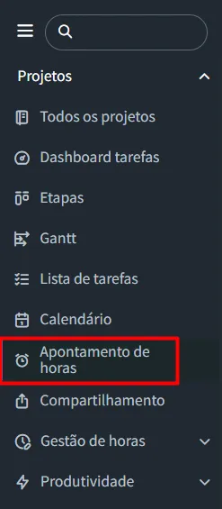 Menu lateral do FlowUp destacando a opção Apontamento de Horas para configurar timesheet.