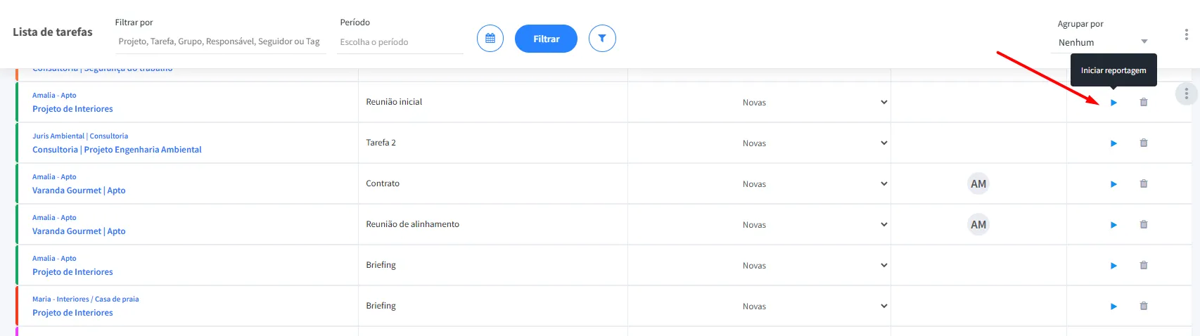 Botão play para iniciar contagem de horas na lista de tarefas do FlowUp