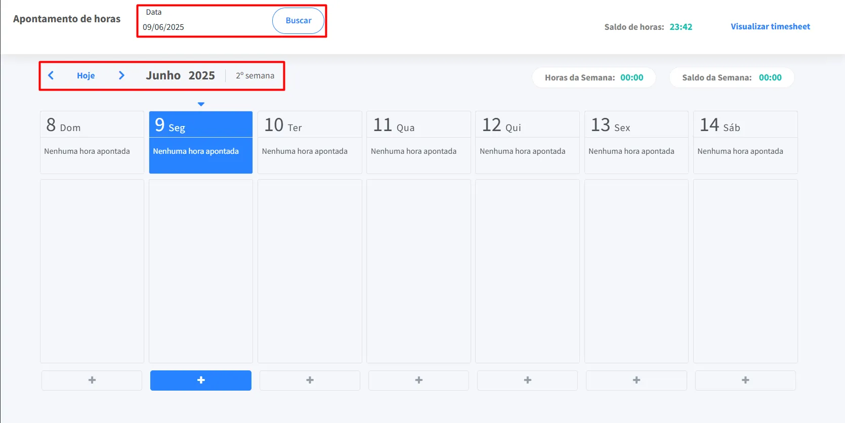 Tela de calendário semanal para reportar horas no timesheet no FlowUp.