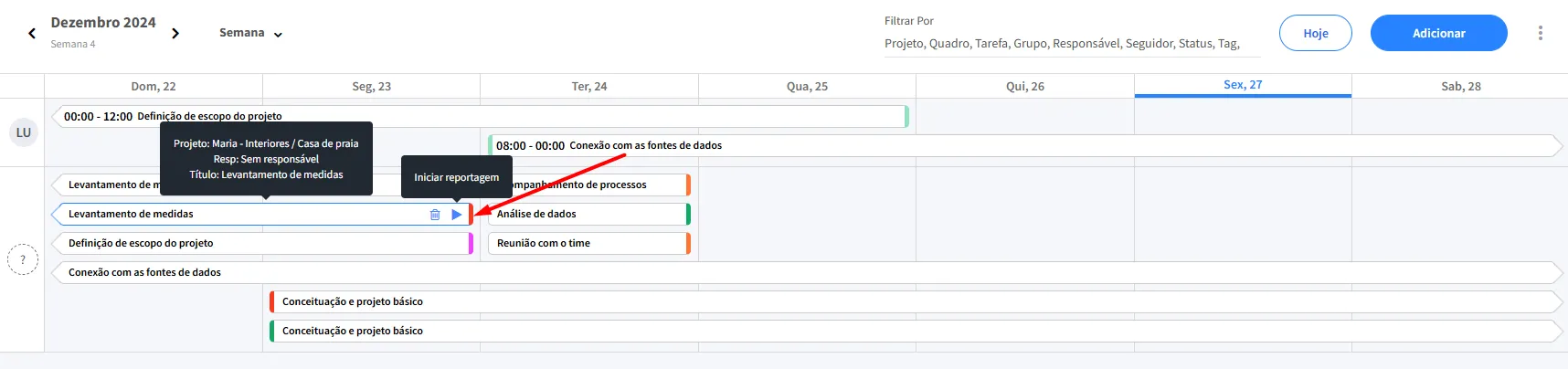 Registro de horas em tempo real pelo calendário no timesheet FlowUp