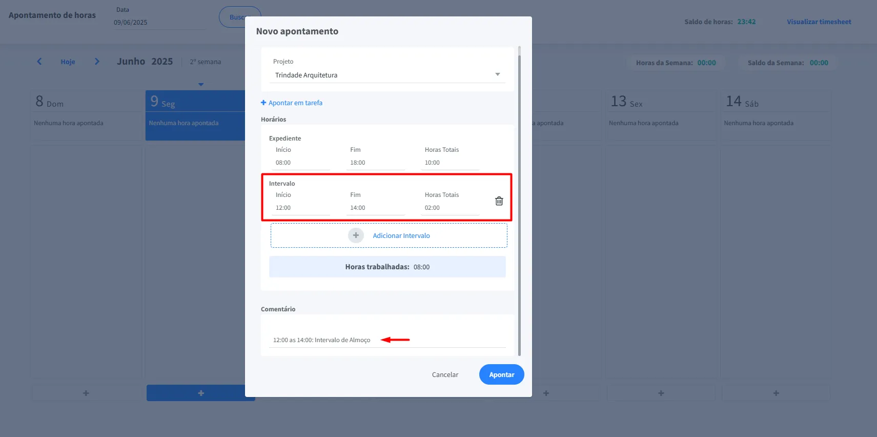 Novo apontamento de horas no timesheet no FlowUp com projeto, etapa e tarefa.