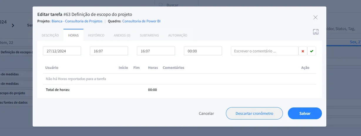 Aba de horas aberta automaticamente no timesheet FlowUp após parar cronômetro