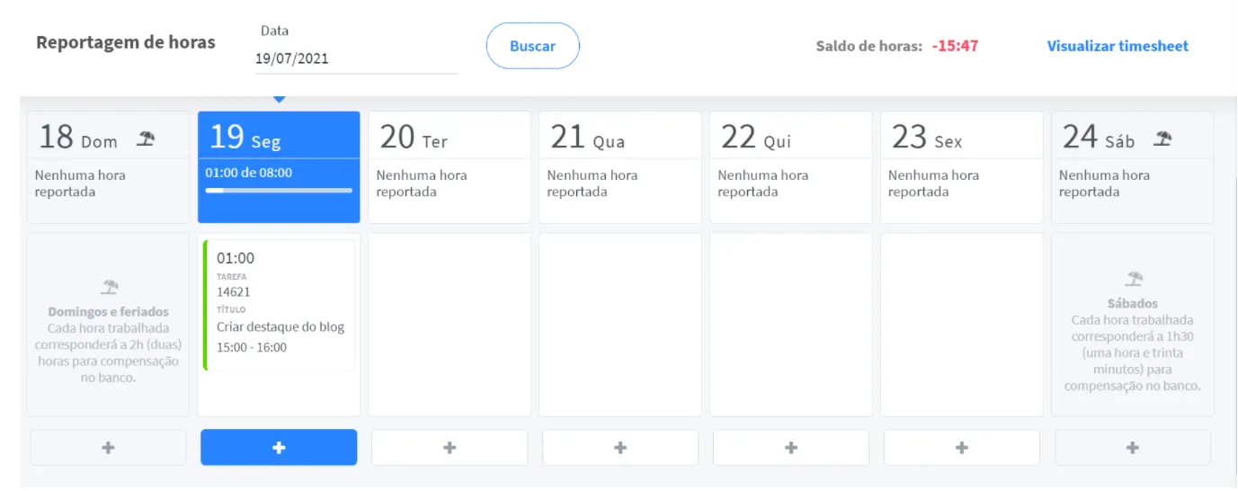 Exemplo de inserção de horários e comentários no timesheet FlowUp