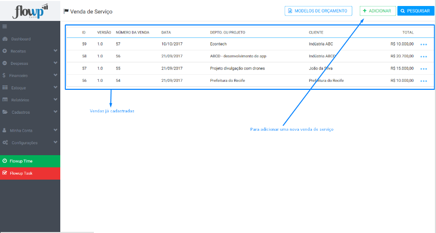 como gerenciar receitas no flowup