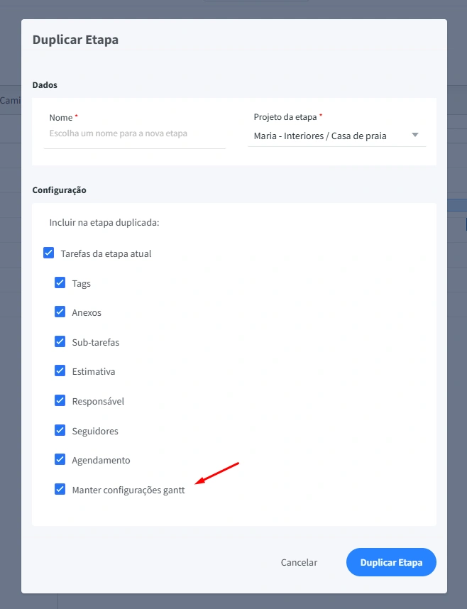 Etapa duplicada exibindo as tarefas, dependências e agrupamentos originais no Diagrama de Gantt do FlowUp