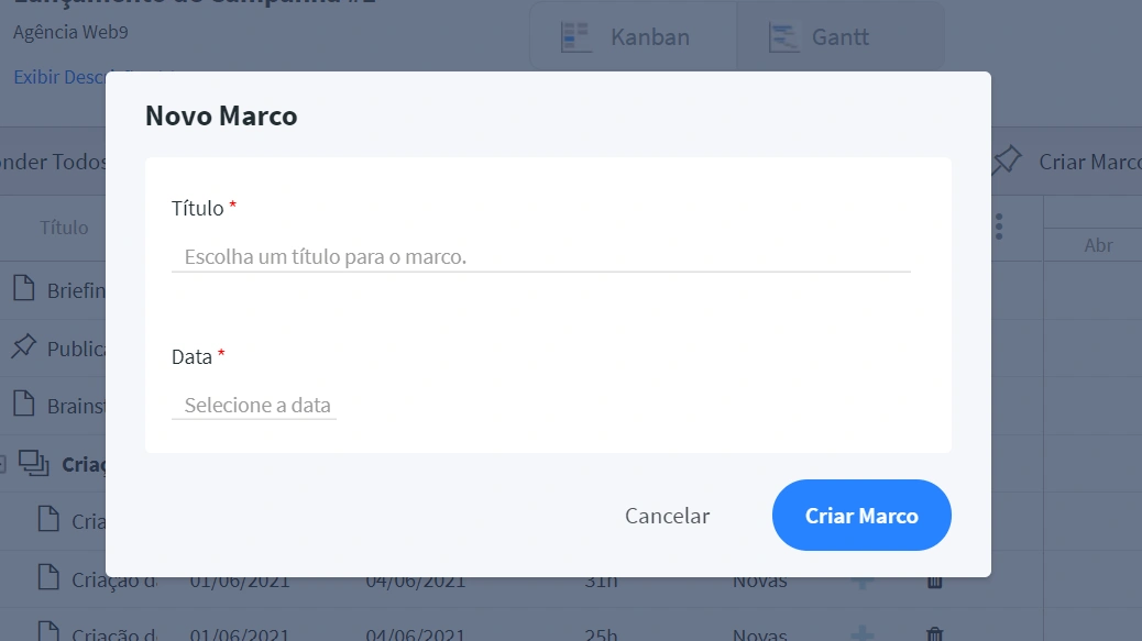 Tela de criação de marco no Diagrama de Gantt do FlowUp com campos de título e data