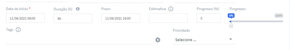 Tela de criação de nova tarefa no Diagrama de Gantt do FlowUp com campos de data, duração e progresso
