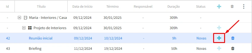 Visualização indentada de tarefas-filhas dentro de tarefas-mãe no Diagrama de Gantt do FlowUp