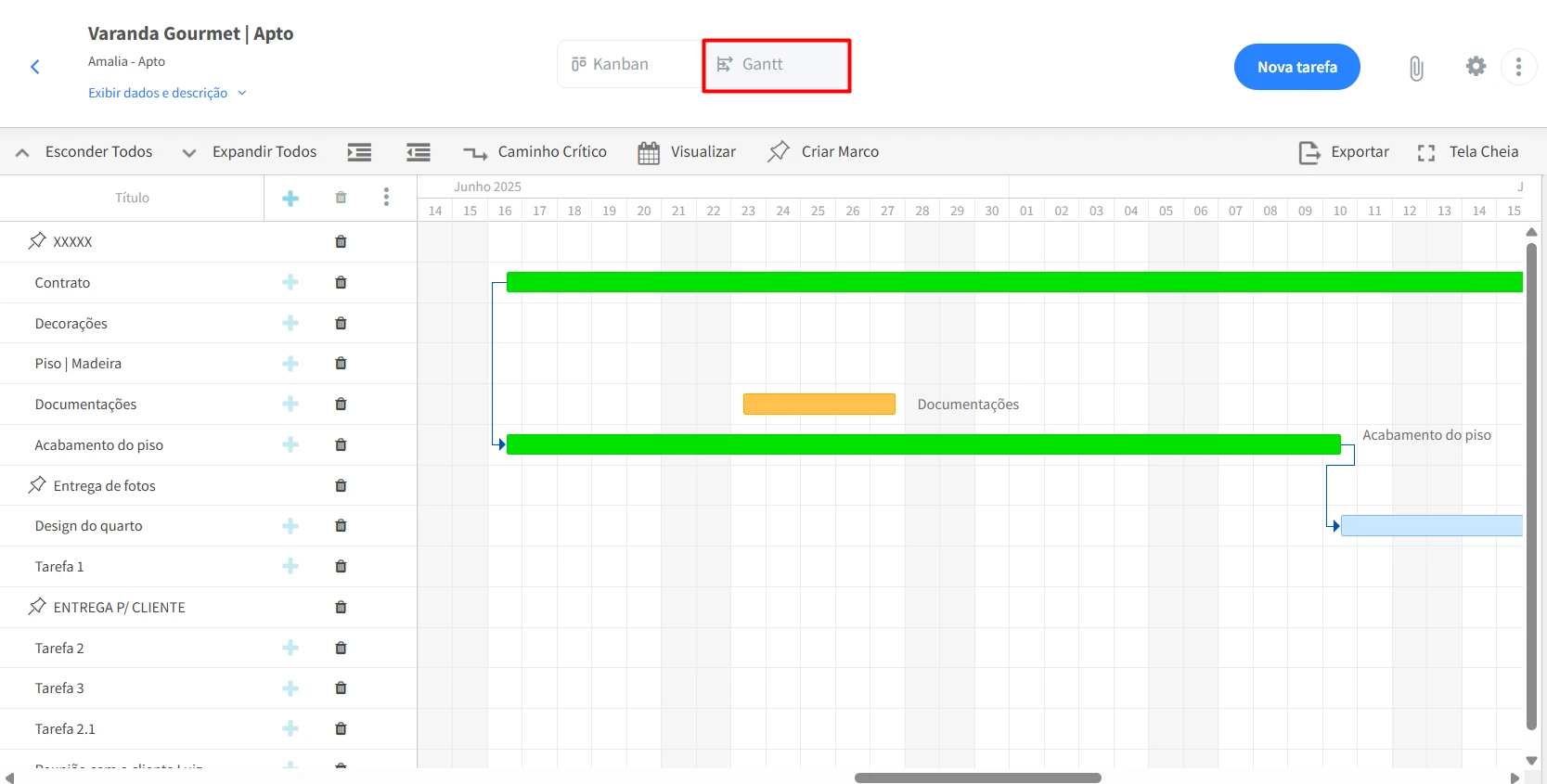Tela do FlowUp mostrando integração entre Kanban e cronograma Gantt para projetos.
