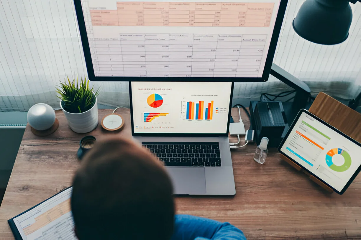 Profissional analisando dashboards e relatórios de desempenho em múltiplas telas com gráficos e planilhas de gestão.