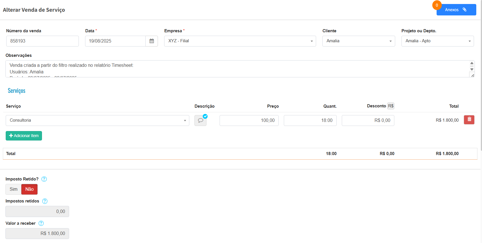 Tela de edição de venda no FlowUp mostrando campos de número da venda, data, empresa, cliente, projeto, serviços, valores e impostos retidos.