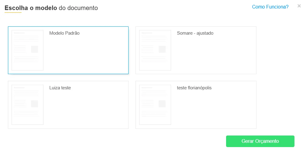 Janela de seleção de modelos de documento no FlowUp com opções de modelos de orçamento antes de gerar o arquivo final.