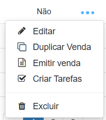 Menu de ações de uma venda no FlowUp exibindo as opções editar, duplicar venda, emitir venda, criar tarefas e excluir.