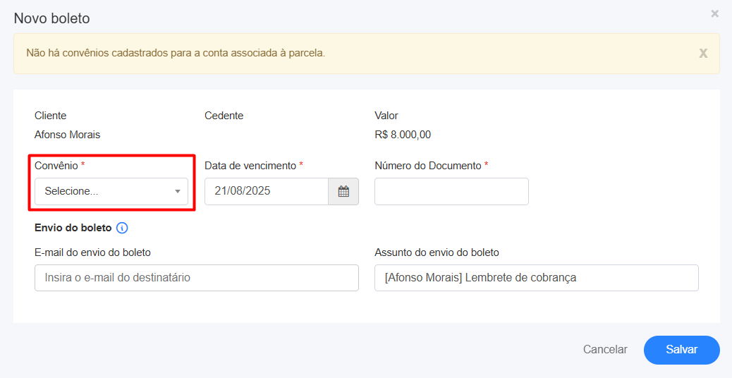 Formulário de criação de novo boleto no FlowUp com campos de convênio, data de vencimento, número do documento e e-mail de envio.