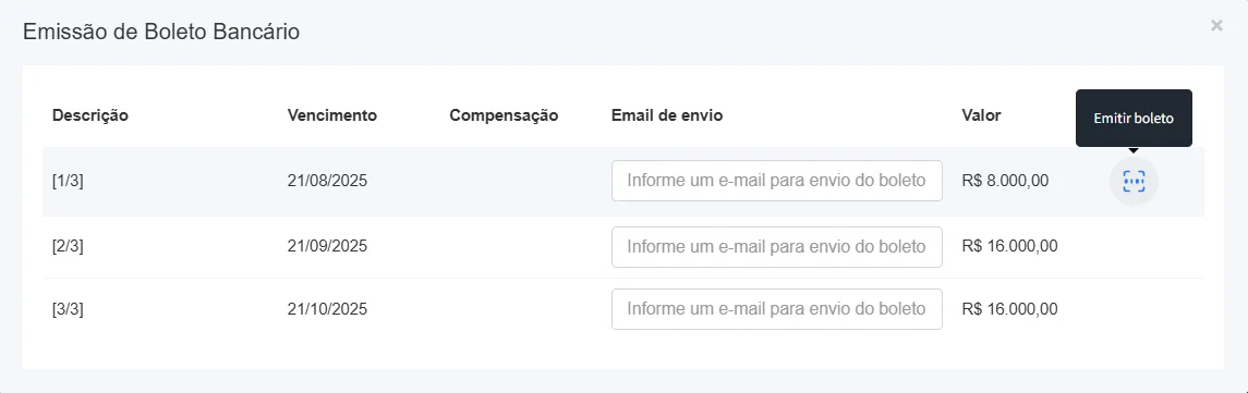 Janela de emissão de boleto bancário no FlowUp exibindo parcelas, datas de vencimento, campo para e-mail de envio e botão Emitir boleto.
