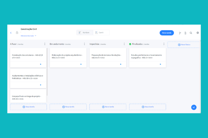 Quadro visual com etapas técnicas, pendências e aprovações mostrando um cronograma adaptável usado em projetos de engenharia e obras.