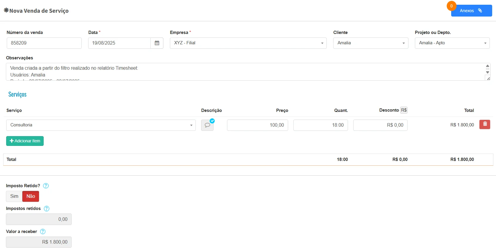"Formulário de criação de nova venda no FlowUp com campos de número da venda, data, empresa, cliente, projeto, serviços, valores e impostos retidos."