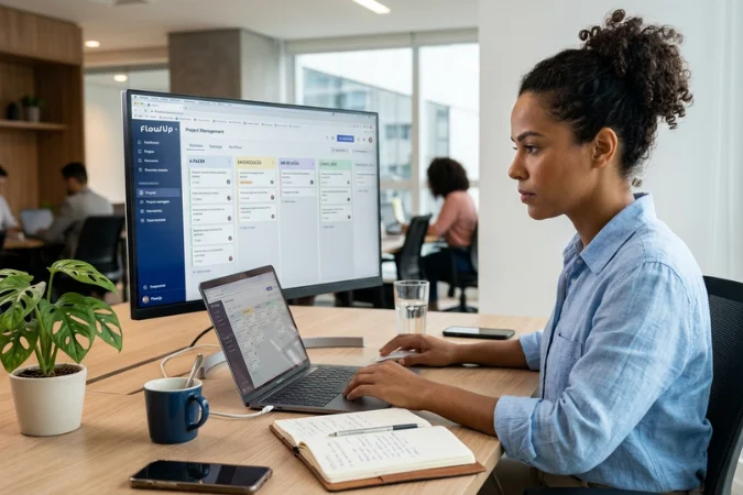profissional utilizando software de gestão com fluxo de trabalho e fluxograma de processos no computador