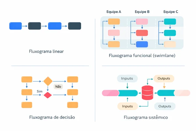 tipos de fluxograma de processos linear funcional decisao e sistemico para organizar fluxos de trabalho