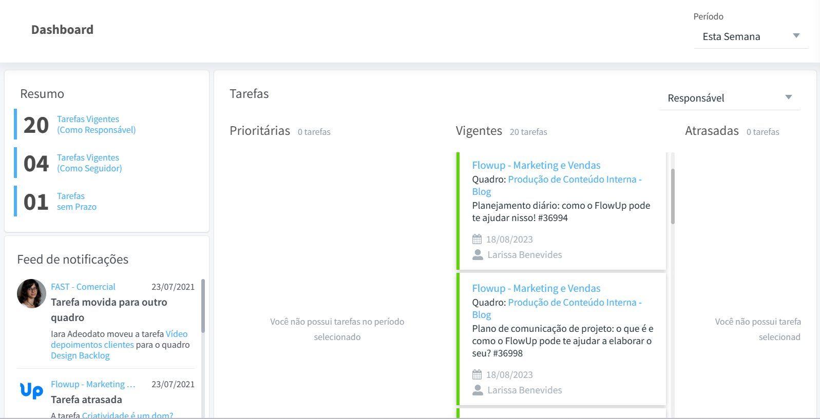 Dashboard para visualização de prazos no FlowUp