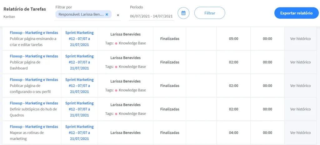 Relatório de tarefas no FlowUp com registros de atividades concluídas para evitar retrabalho