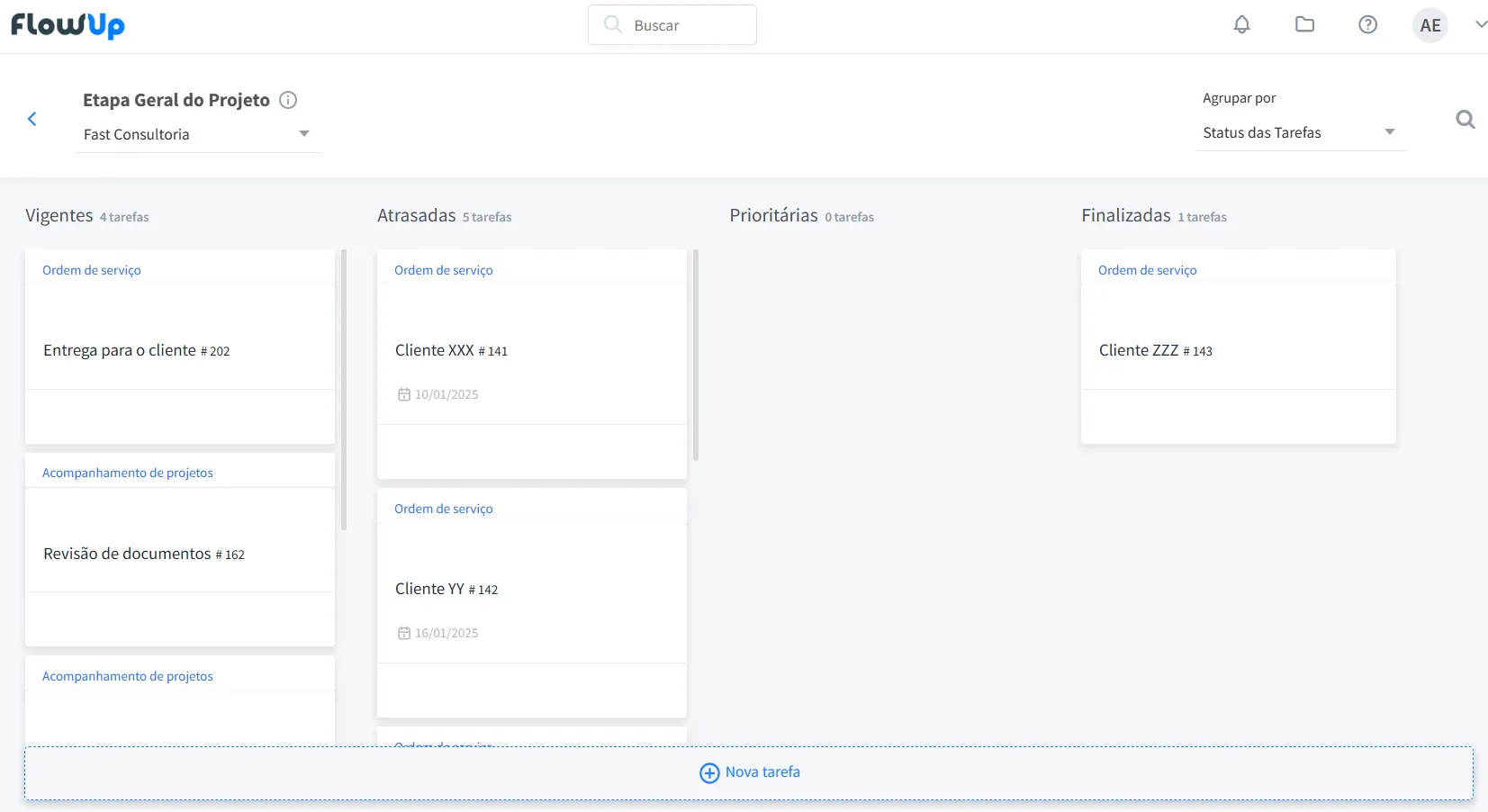 Quadro Kanban no FlowUp com tarefas organizadas por status para prevenir retrabalho