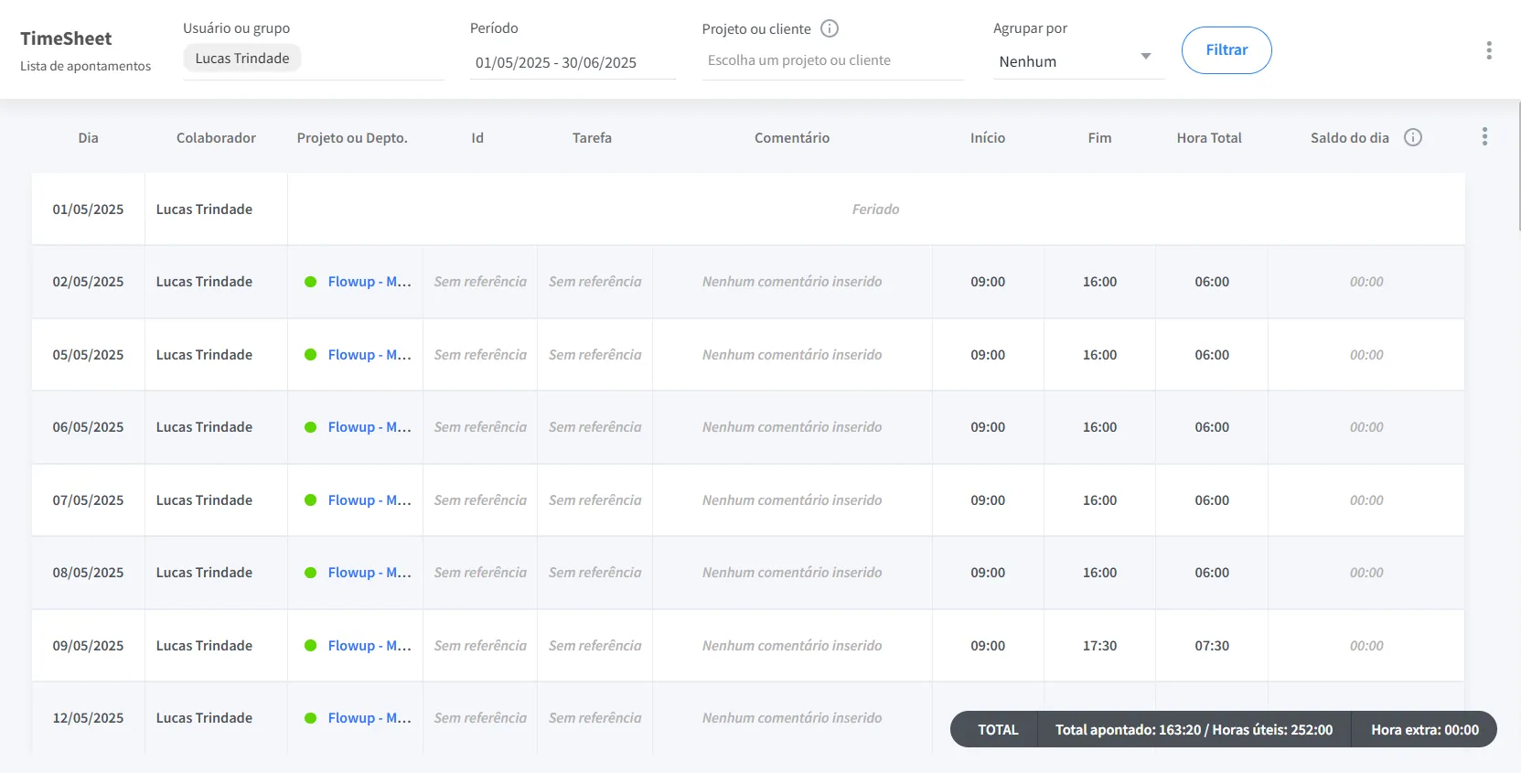 Tela de timesheet do FlowUp mostrando registro de horas para melhorar gestão e reduzir retrabalho