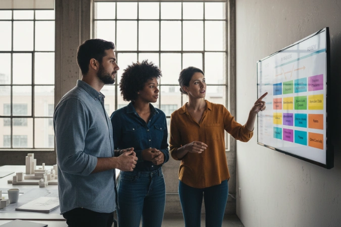 Profissionais observando quadro digital estilo Kanban para organização de tarefas e fluxos de trabalho.