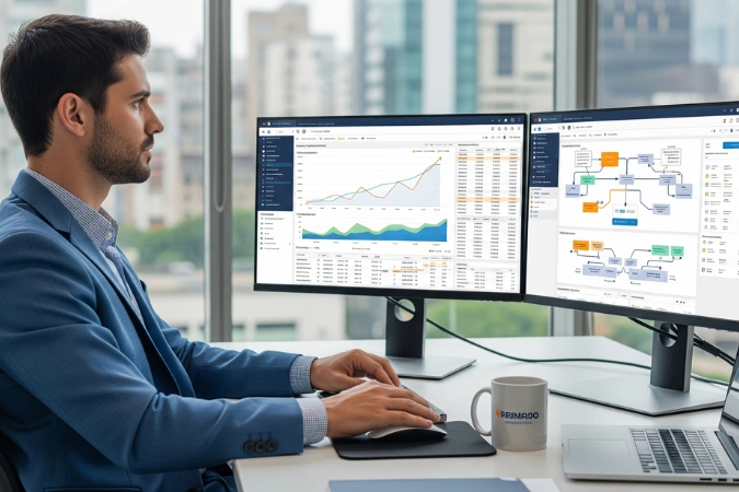 Gestor analisando relatórios e dashboards em monitores com métricas e fluxos automatizados.