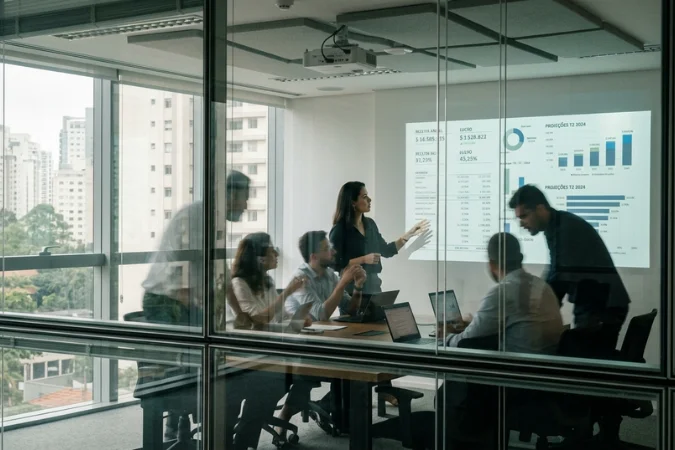 Equipe em sala de reunião analisando gráficos financeiros projetados na parede