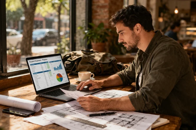 Profissional analisando dashboard financeiro em notebook com relatórios e gráficos