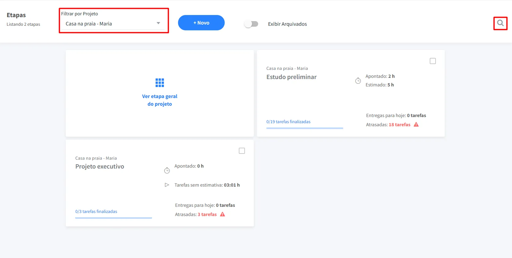 Painel de etapas no FlowUp filtrado por projeto para gerenciamento com quadro Kanban