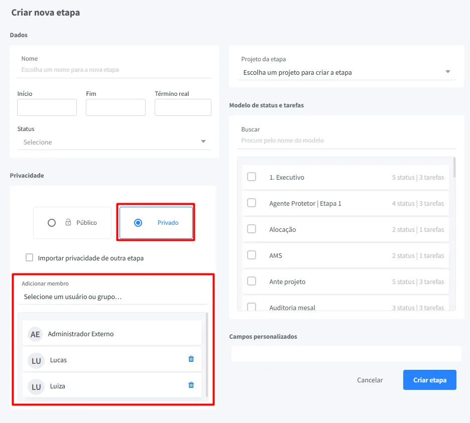 Tela do FlowUp com opção de criar etapa privada e adicionar membros a um modelo de quadro Kanban