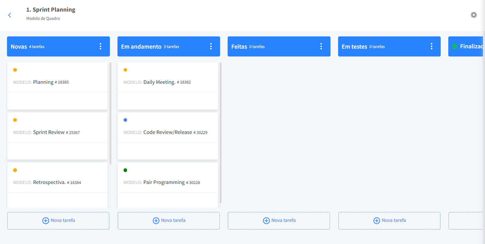 Tela do FlowUp exibindo o modelo de quadro Kanban Sprint Planning com colunas como “Novas”, “Em andamento”, “Feitas”, “Em testes” e “Finalizadas”