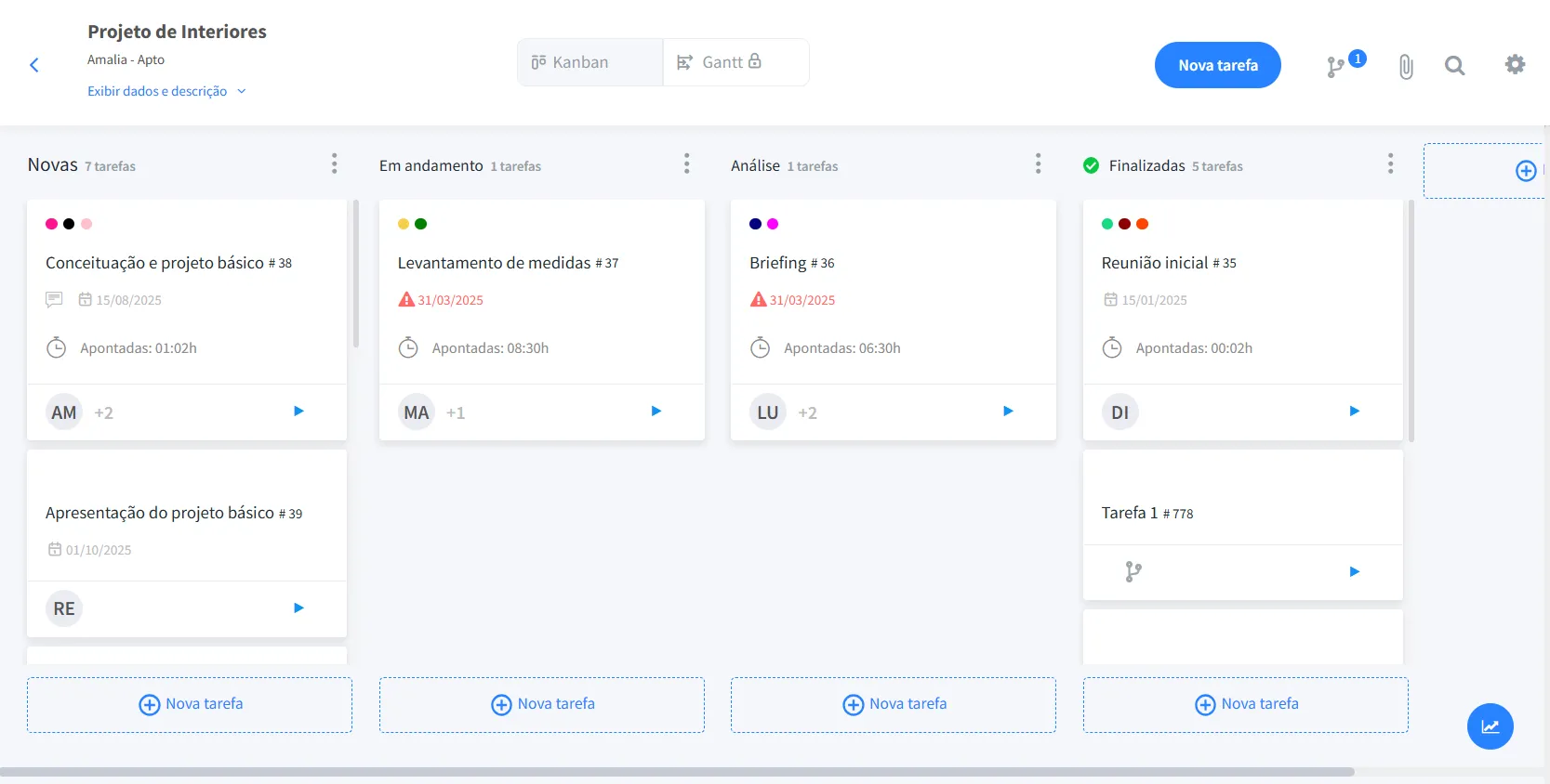 Exibição de tarefas distribuídas em colunas no modelo de quadro Kanban dentro do FlowUp