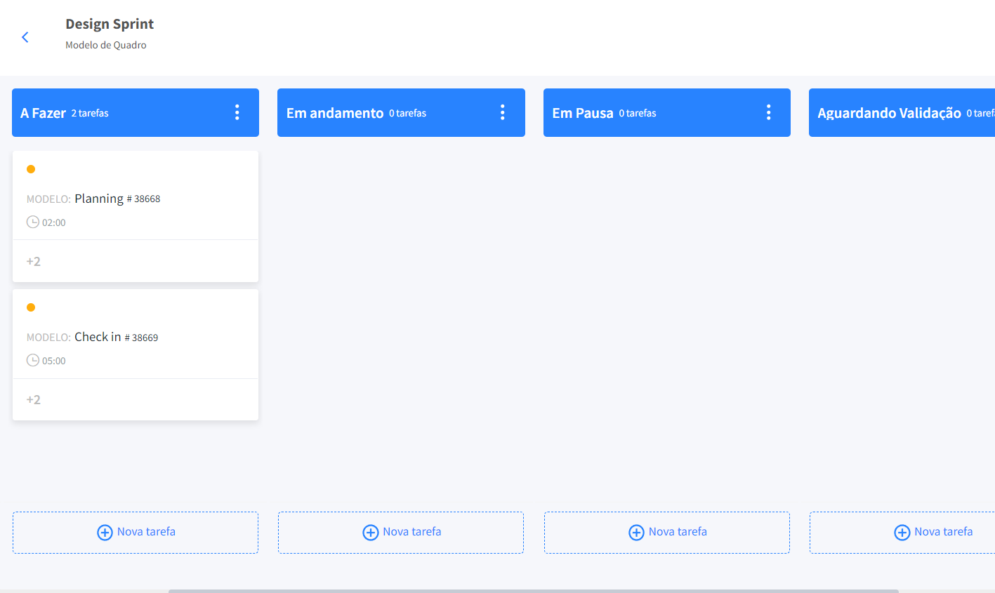 Tela do FlowUp com o modelo de quadro Kanban Design Sprint, contendo colunas como “A Fazer”, “Em andamento”, “Em Pausa”, “Aguardando Validação” e “Finalizadas”