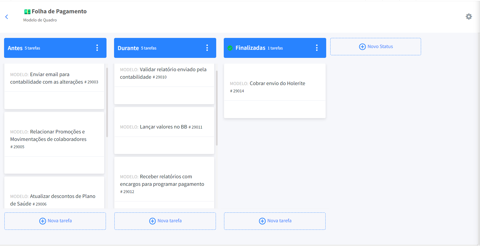 Tela do FlowUp exibindo o modelo de quadro Kanban Folha de Pagamento com colunas “Antes”, “Durante” e “Finalizadas”, organizando tarefas de RH e financeiro