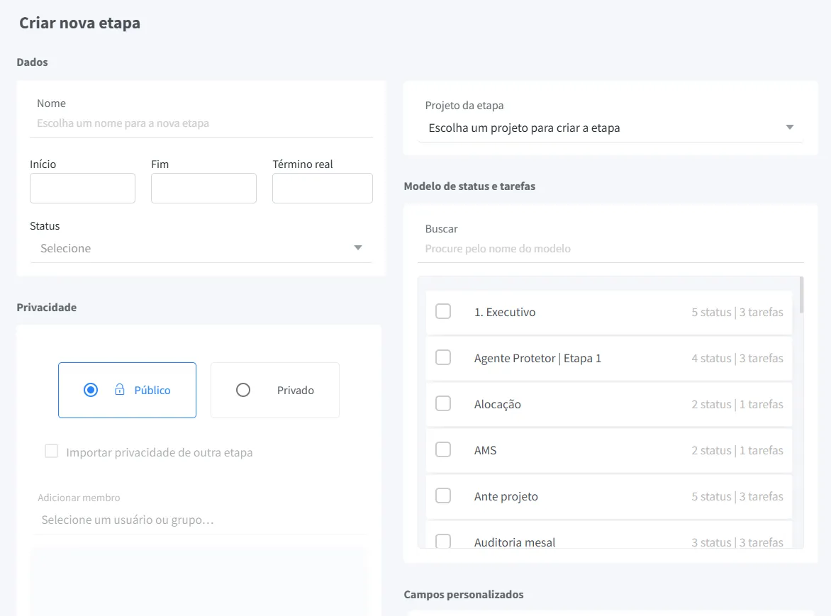 Interface do FlowUp para configuração de etapa pública em modelo de quadro Kanban