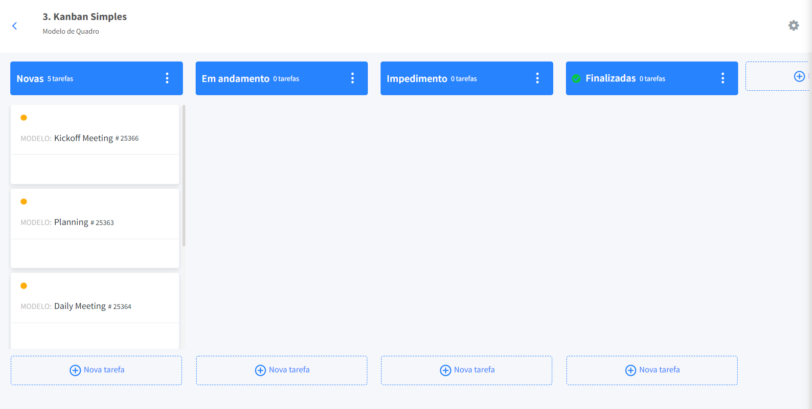 Tela do FlowUp exibindo o modelo de quadro Kanban Simples com colunas “Novas”, “Em andamento”, “Impedimento” e “Finalizadas” para gestão básica de tarefas