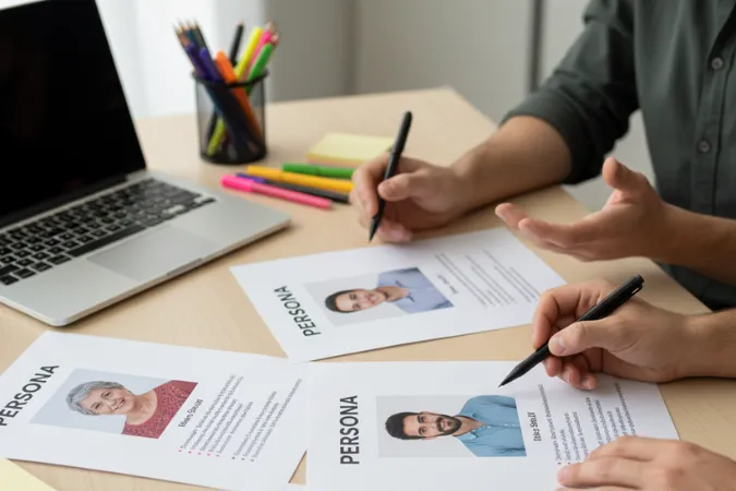 Pessoas analisando documentos impressos com fotos e descrições de personas em uma mesa de trabalho.