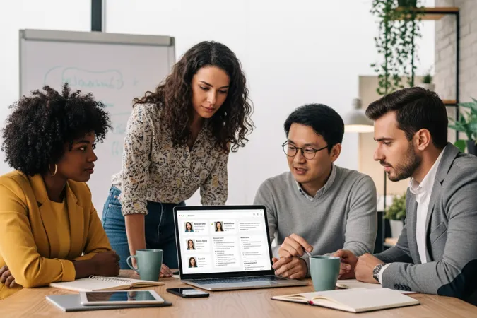 Profissionais reunidos em torno de um notebook exibindo perfis digitais de personas.