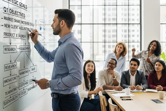 Empreendedor brasileiro escrevendo metas estratégicas em quadro branco para equipe diversa em escritório iluminado.