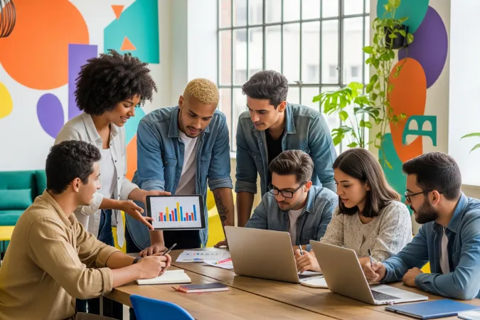 Equipe jovem e diversa de brasileiros em coworking colaborativo analisando métricas de crescimento em laptops e tablet.