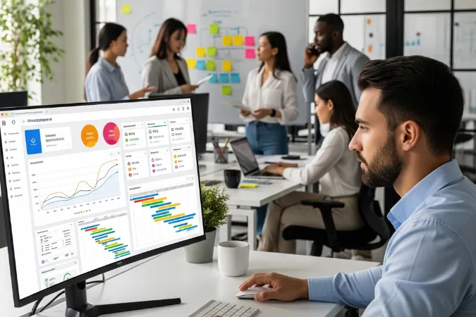 Profissional brasileiro analisando dashboard de software de gestão com gráficos e cronogramas em tela grande de computador.