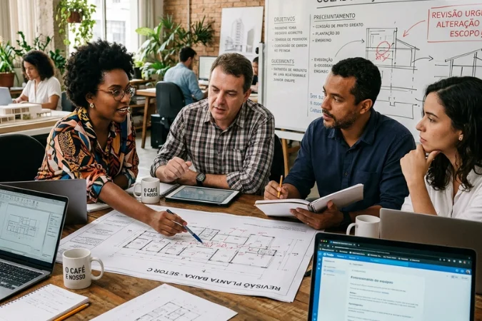 Equipe de profissionais discutindo alterações em projeto com plantas e anotações em mesa de trabalho