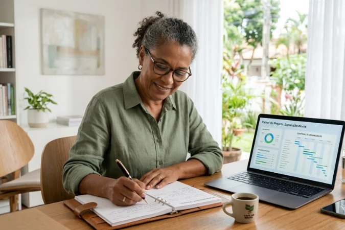 Profissional organizando tarefas em caderno enquanto acompanha dashboard de projeto no notebook