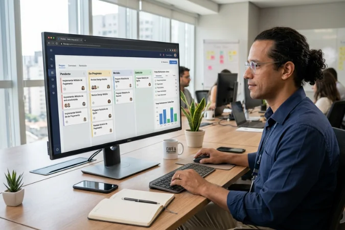 Profissional utilizando software de gestão de projetos com quadro kanban e controle de tarefas em monitor