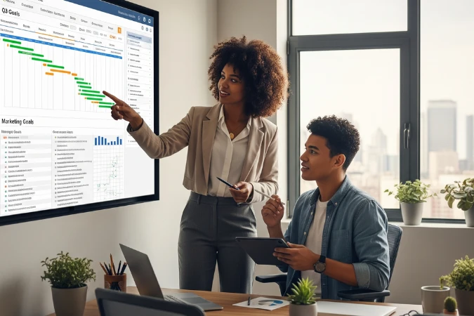 Profissionais de marketing analisando painel com metas e cronograma de campanhas em tela digital.