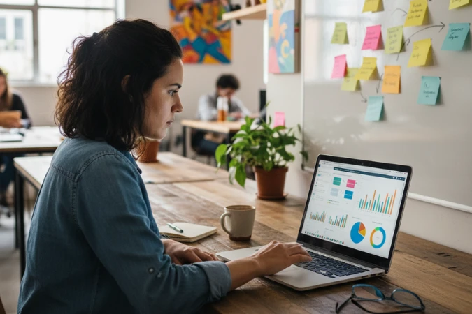 Profissional de marketing analisando relatórios e dashboards em laptop, com post-its ao fundo.