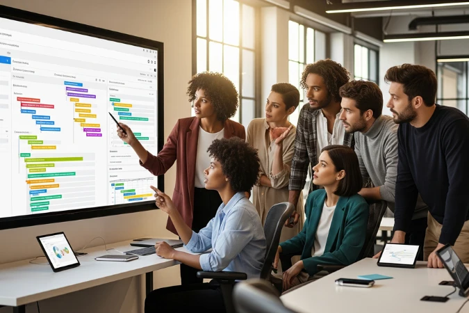 Equipe de marketing acompanhando painel digital com cronogramas e fluxos em software de gestão de projetos.